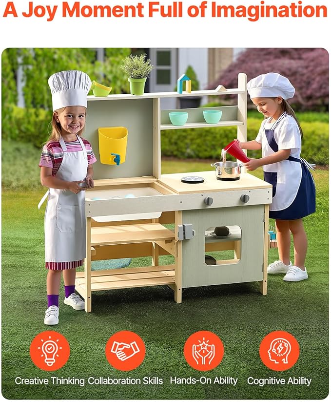 VEVOR Mud Kitchen for Kids, Wooden Toy Play Kitchen Set, Outdoor Toddler Grocery Store Playset, Pretend Play Kitchen with Stoves, Tank, Faucet, Storage Bag, Metal Baskets, and Cookware Pots