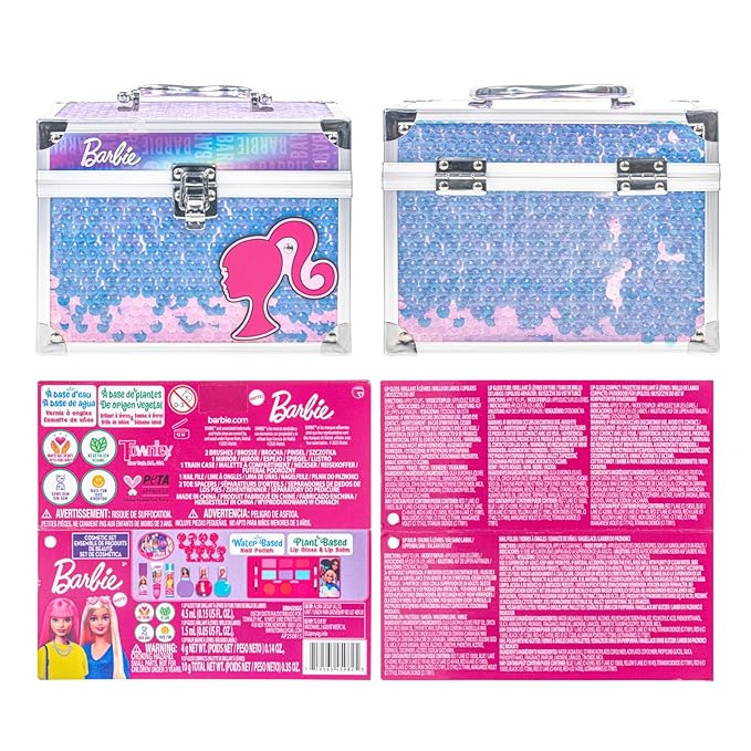 Barbie Train Case Beauty Set, Kids Makeup Kit for Girls, Real Washable Makeup Set, Play Makeup, Party Favor, Birthday, Ages 3 4 5 6 7 8 9 10 11 12 by Townley Girl