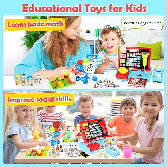 70Pcs Toy Cash Register for Kids Ages 4-8 with Scanner & Shopping Cart, Pretend Play Cash Register Playset for Girls Boys Toddler Grocery Store Set Christmas Girls for 3+ 4 5 6 7 8 Year Old