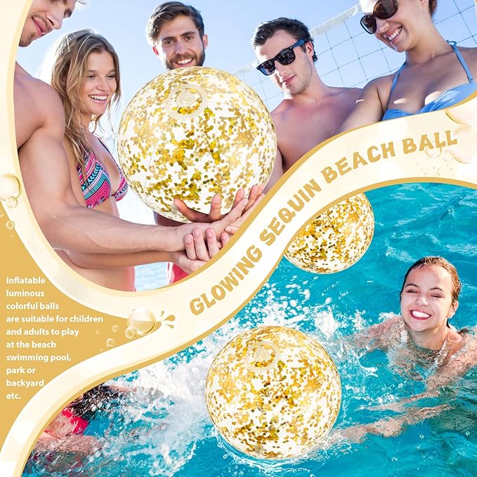 12 Pack 12 Inch Glow in The Dark LED Beach Ball Jumbo Confetti Glitters Inflatable Ball Swimming Pool for Party Pool Summer(Gold)