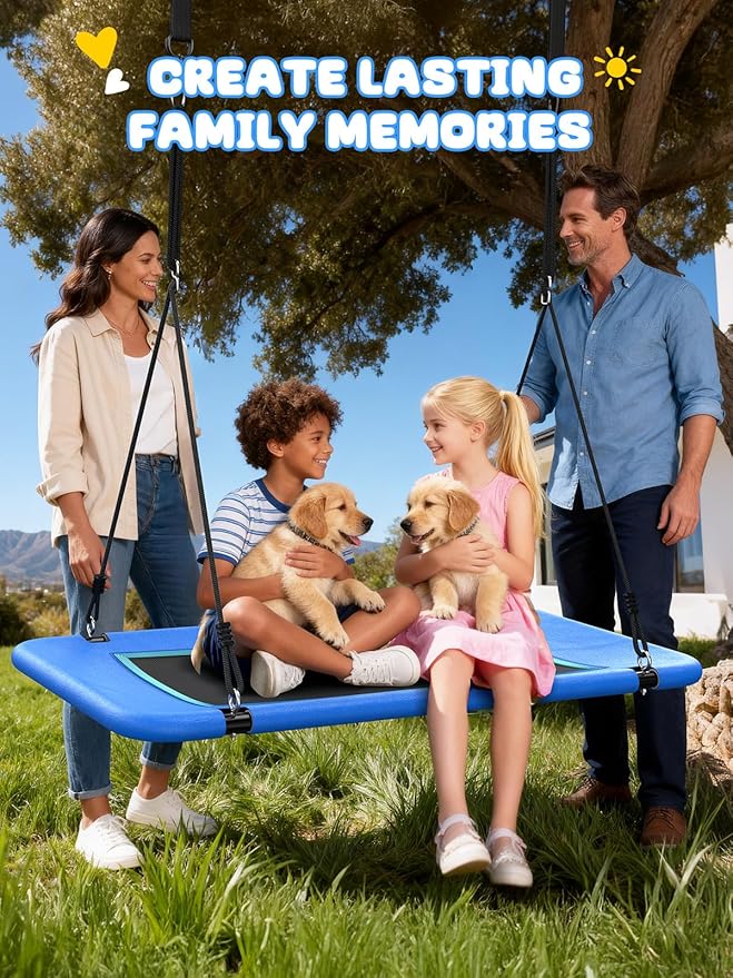 Trekassy 60" Extra Large Rectangle Tree Swing - Heavy Duty 700lb Capacity, Waterproof Platform for Kids & Adults with Complete Installation Kit & 2 Tree Straps (Blue)