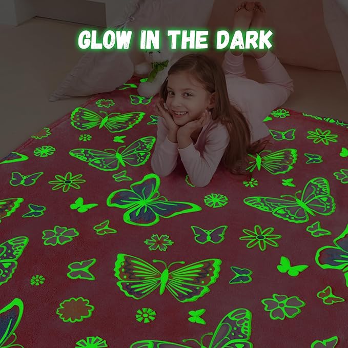 Glow in The Dark Blanket,Butterfly Gifts Toys for Girls, Birthday Presents Decor for Kids Age 3-14 Year Old Daughter Teen Child Toddler Luminous Christmas Bedroom Throw Blanket 50"x60"