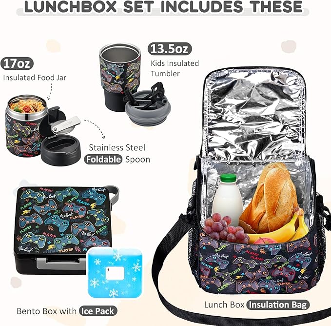 Lunch Box Set with Bento Box Container, 17OZ Stainless Steel Food Soup Thermo, Kids Water Bottle & Portable Insulated Lunch Bag – Leakproof, Hot/Cold Retention for School, Travel (Black-Game)