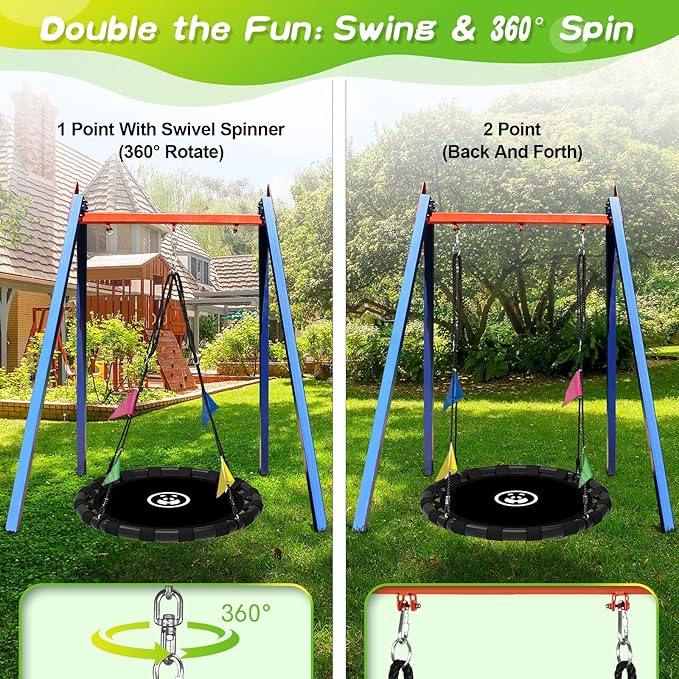 40 Inch Saucer Swing, 900lbs Weight Capacity Tree Swing Sets for Backyard 2 Added Hanging Straps Adjustable Multi-Strand Ropes and Center Swivel Spinner, Gifts for Kids and Family, Black