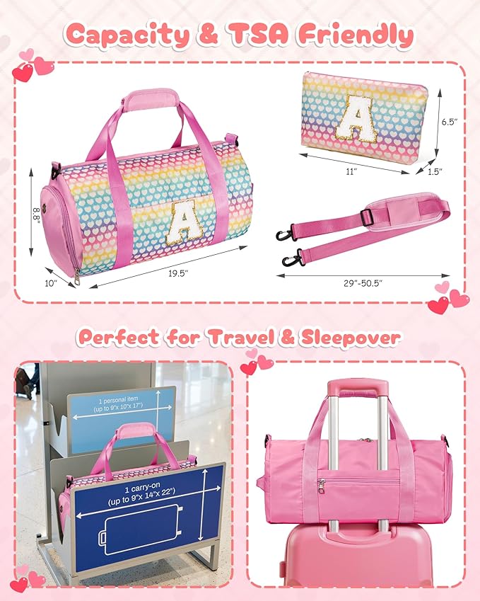 Party Favors for Teenager, Girls Travel Duffel Bag, Kids Initial Overnight Bags with Shoe Compartment, Personalized Weekender Bag with Makeup Pouch, Birthday Gift for Teen (Letter W)