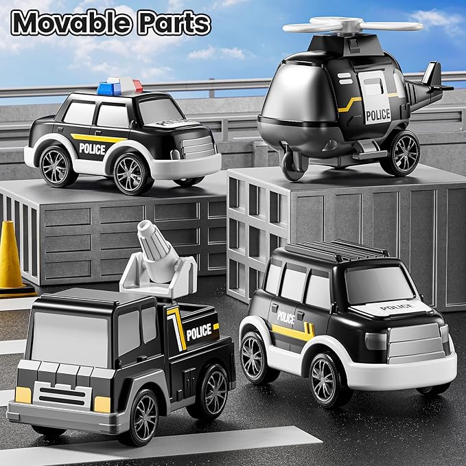 Police Truck Toy for 3 4 5 6 Years Old Boys - Carrier Vehicle Toy Set with 3 Small Cars and 1 Helicopter, Kids Firction Powered Car for Age 3-9, Gifts for Boys and Girls