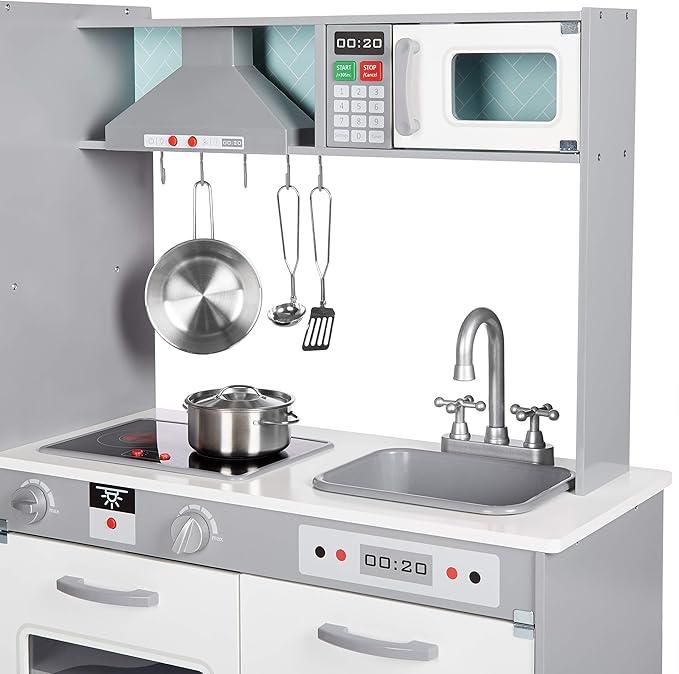 Amazon Basics Kids Kitchen Set, Play Kitchen Toy Playset for Toddlers, Preschoolers, 39"L x 11.8"W x 39"H, White & Gray