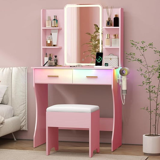 Small Vanity Desk with Mirror and Lights, Makeup Vanity Table Set with 3 Lighting Modes & Adjustable Brightness, Power Outlet, Storage Drawers, Cushioned Stool, Dressing Table for Women Girls