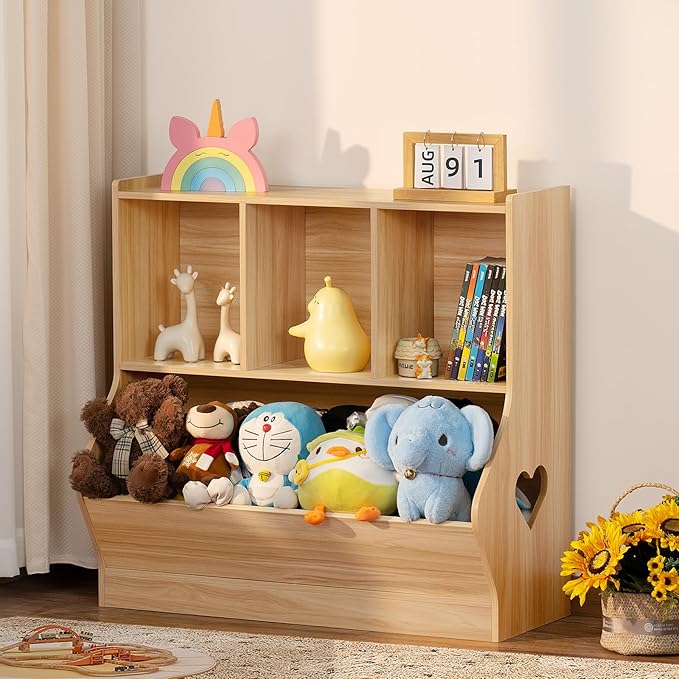 Lerliuo Kids Toy Storage Organizer, Children Small Bookcase and Bookshelf, Toddler 4 Cubby Toy Storage Cabinet, Toy Shelf for Playroom, Bedroom, Living Room, Nursery, School 29.53'' H (Natural)