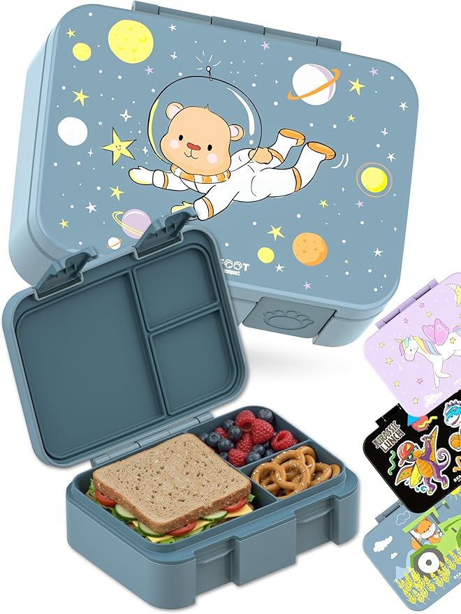 Kids Lunch Box with Compartments – Compact & Lightweight | Leak-Proof, BPA-Free, Dishwasher & Microwave Safe | Hand-Drawn Design for Preschool, School, Travel (Astro Bear Blue, 2.75 Cups)