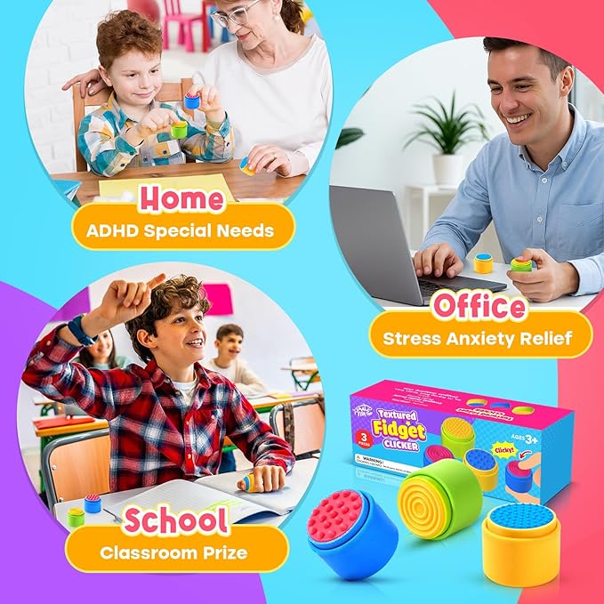 Sensory Fidget Toys for Kids Adults: 3 Pack Textured Fidget Clickers for Anxiety Relief, Sensory Toys for Autism ADHD Kids Calming, Button Fidget Toys for Office, Classroom Prizes, Stocking Stuffers