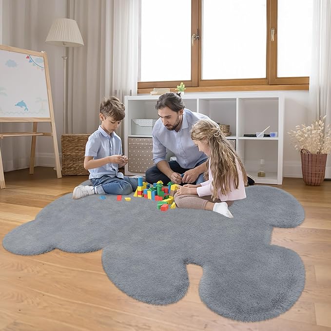 4.6x6 ft Grey Bear Soft Fluffy Large Rug, Shaggy Faux Sheepskin Fur Rug Fuzzy Shag Area Rug Cute Plush Carpet for Nursery Kids Girls Bedroom Room Aesthetic Living Room Floor Home Decor, Grey