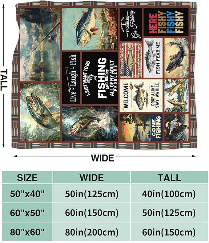 Fishing Gifts for Men, Fishing Fish Flannel Throw Blanket, Cozy Fleece Soft Stuff Blankets Gift for Dad Fisherman Couch Sofa Bed 80" x 60"