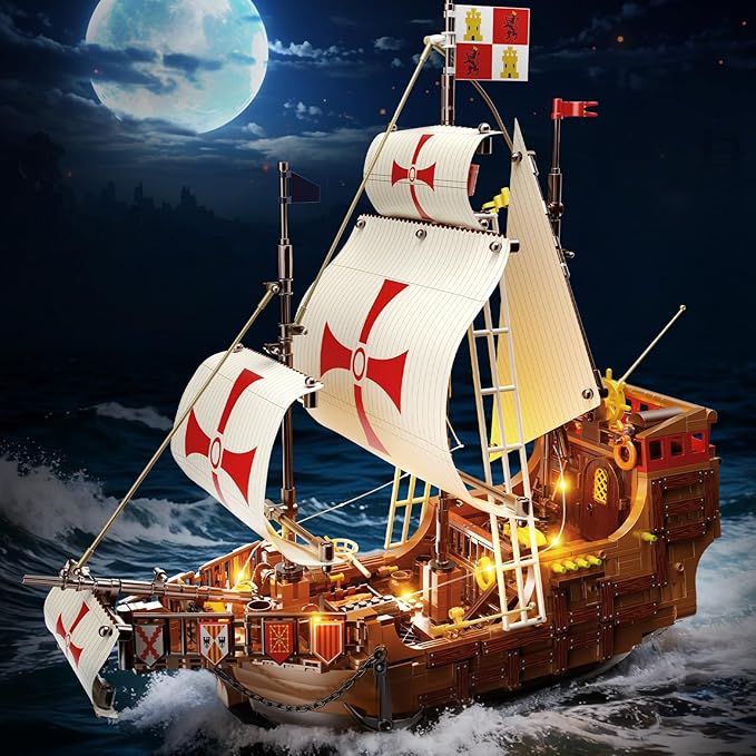 HiWEEGO Santa Maria Ship Building Set with LED Lights, 2 in 1 Pirate Ship House Wharf Building Block Kit, 1253 PCS Adventure Merchant Ship Model Building Toy Gift for Adults Teens Boys Girls Ages 12+