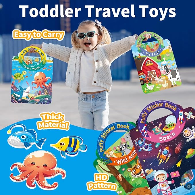 6 Sets 3D Reusable Sticker Books for Toddlers, Puffy Activity Books for Kids Ages 3-5, Travel Sticker for Kids 3 4 5 6 Years Old Girls & Boys Birthday Gifts