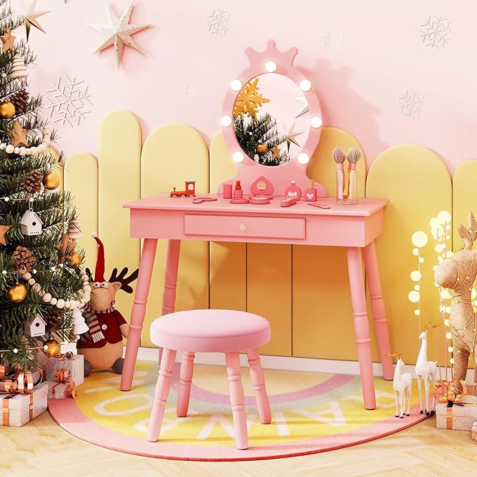 HONEY JOY Kids Vanity with Lights, Princess Wooden Makeup Table & Stool with Drawer, 3-Color LED Lights, Toddler Dressing Vanity for Little Girls, Pretend Play Kids Vanity Table and Chair Set (Pink)