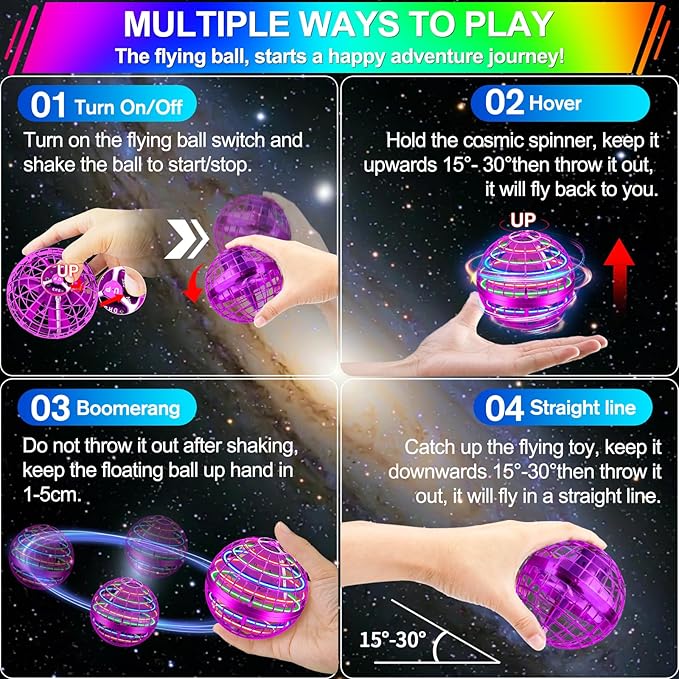 Flying Orb Ball Toy,2025 Upgraded Parachute LED,Magic Hand Controlled Mini Gravity Ball,Cosmic Globe Boomerang,Cool Christmas Birthday Gift for 6 7 8 9 10+ Year Old Girls-Bright Purple