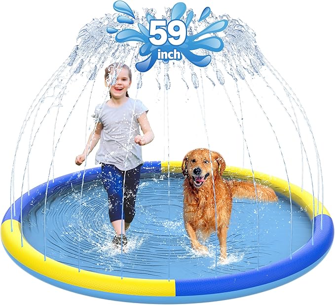 59" Non-Slip Splash Pad for Kids and Dog, Thicken Sprinkler Pool Summer Outdoor Water Toys, Extra Large Backyard Wading Pool for Children Boys & Girls or Pet Dog (Blue&Yellow)