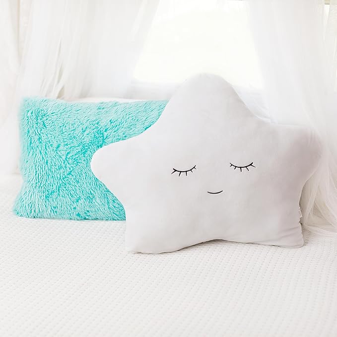 Perfectto Design Set of 2 Kid’s Decorative Pillows for Girls Toddler Room - Fluffy White Star Pillow and Aqua Teal Plush Pillow, Soft Girls Pillows Cute Kid’s Throw Pillows for Bed, Bedroom