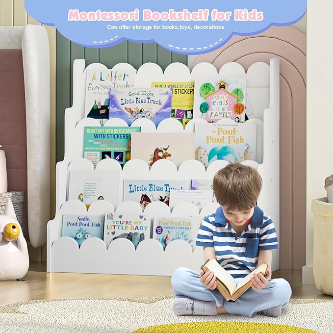 NACHES Kids Bookshelf Wooden 4 Tier Scalloped Bookshelf Toddler Montessori Bookcase Children Front Facing Display Book Shelves for Nursery Kids Room Reading Room Bedroom Classroom