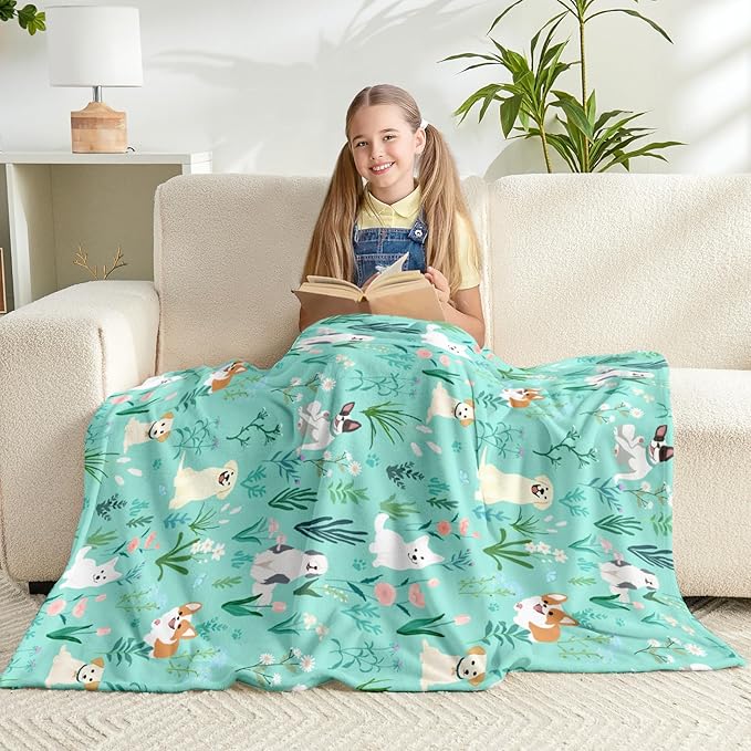 Wajade Floral Puppy Dog Blanket for Kids Toddler Soft Flannel Sage Green Bed Blanket for Kids Adults Teens Plush Cute Christmas Birthday Gifts 60"x80"
