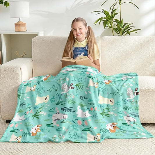 Wajade Floral Puppy Dog Blanket for Kids Toddler Soft Flannel Sage Green Bed Blanket for Kids Adults Teens Plush Cute Christmas Birthday Gifts 60"x80"