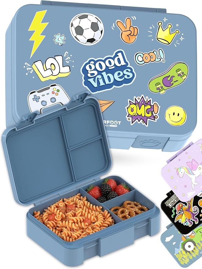 BEARFOOT Kids Lunch Box with Compartments – Compact & Lightweight | Leak-Proof, BPA-Free, Dishwasher & Microwave Safe | Hand-Drawn Design for Preschool, School, Travel (Sticker Blue, 4 Cups)