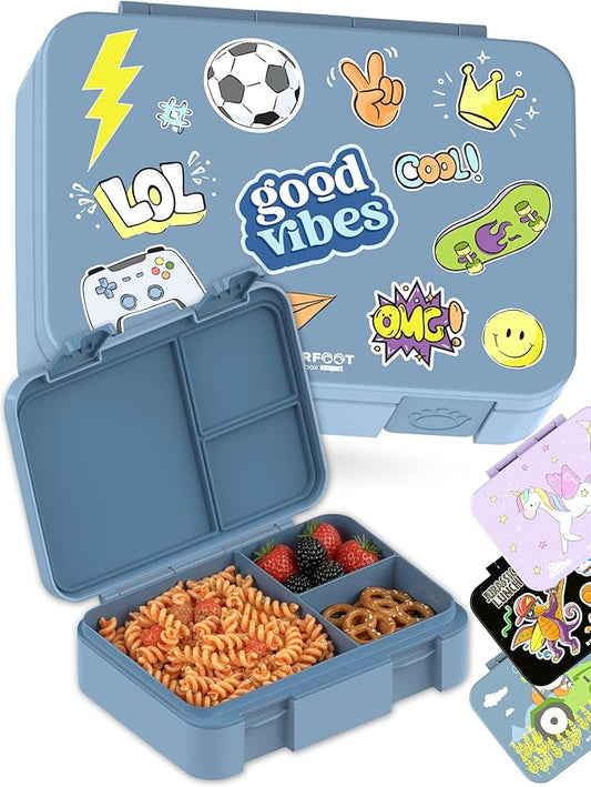BEARFOOT Kids Lunch Box with Compartments – Compact & Lightweight | Leak-Proof, BPA-Free, Dishwasher & Microwave Safe | Hand-Drawn Design for Preschool, School, Travel (Sticker Blue, 4 Cups)