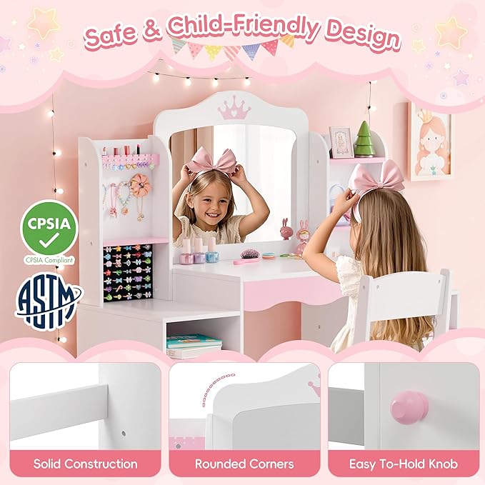 MU Kids Vanity, Girl Vanity Set with Mirror and Stool, 2 in 1 Toddler Makeup Vanity Table with Jewelry Storage, Wooden Princess Makeup Desk Dressing Table for Little Girls, (White)