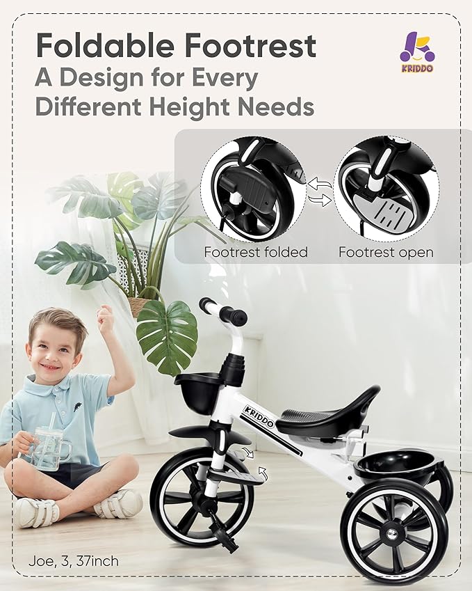 KRIDDO 2-in-1 Toddler Tricycle for Ages 18 Months to 5 Years Old - Extended Push Handle for Effortless Push, Gift Trike for Toddler 3 to 5 Year, Kids Tricycle with Foldable Front Footrest, White