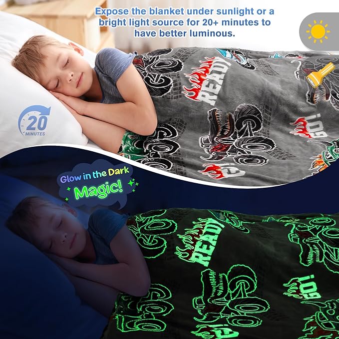 Monster Cars Gifts for Boys Girls - Trucks Glow in The Dark Blanket Toys for Birthday Christmas Valentines Easter Presents for Kids Toddler Age 2 3 4 5 6 7 8 9 10 11 12 13 Years Old Soft Throw 50"x60"