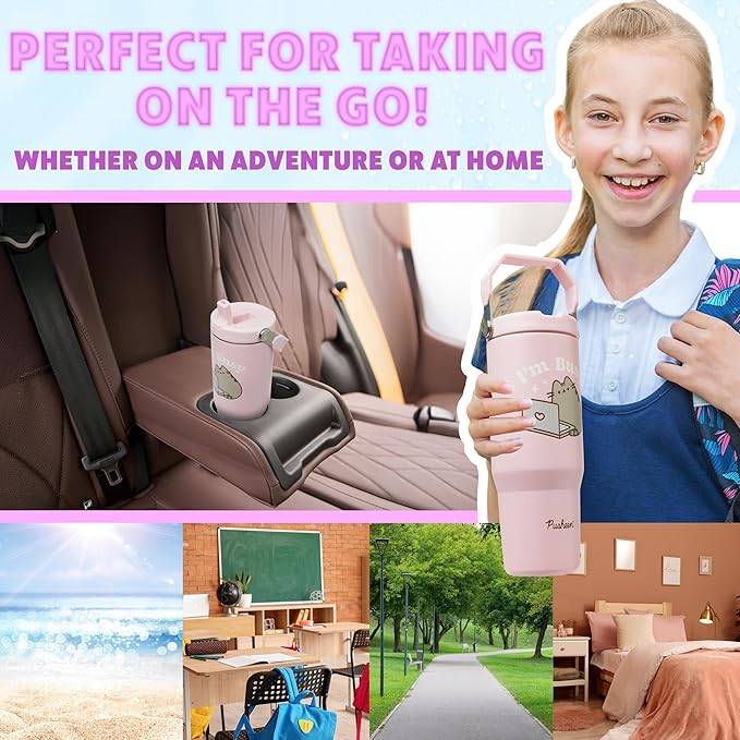 Get Trend Pusheen Tumbler Stainless Steel with Straw 30oz Girls Teens Women Insulated Cup with Lid Travel Mug for School Sports Cute Gifts for Girls (Pink Pusheen)