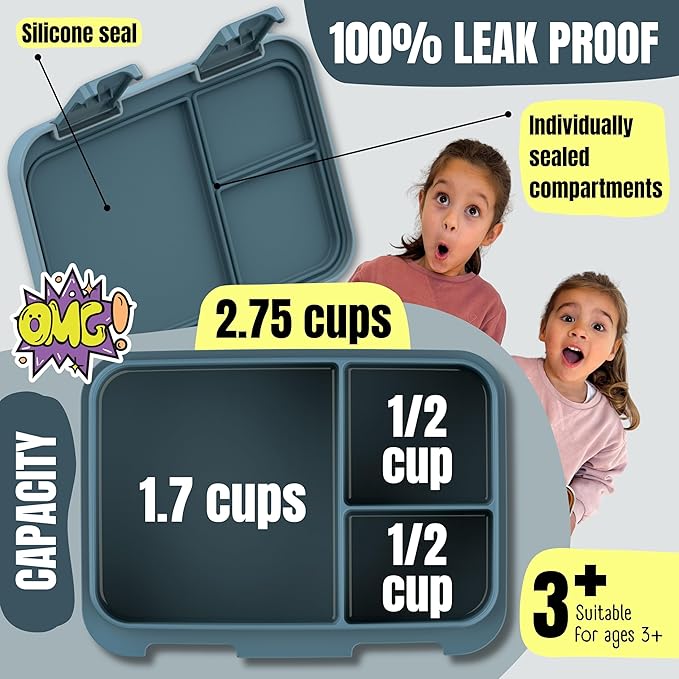 BEARFOOT Kids Lunch Box with Compartments – Compact & Lightweight | Leak-Proof, BPA-Free, Dishwasher & Microwave Safe | Hand-Drawn Design for Preschool, School, Travel (Blue, 2.75 Cups)