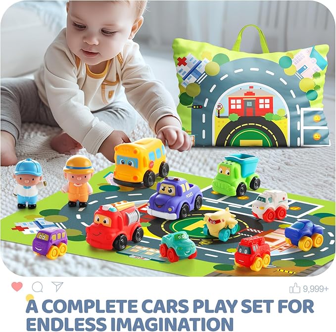 Soft Rubber Toy Figure Car for 1 Year Old Boy with Playmat (Storage Bag)|12 PCS Cartoon Cars Baby Toys for 12-18 Months & Toddler Age 1-2|First Birthday for 1 2 3 Year Old Boy