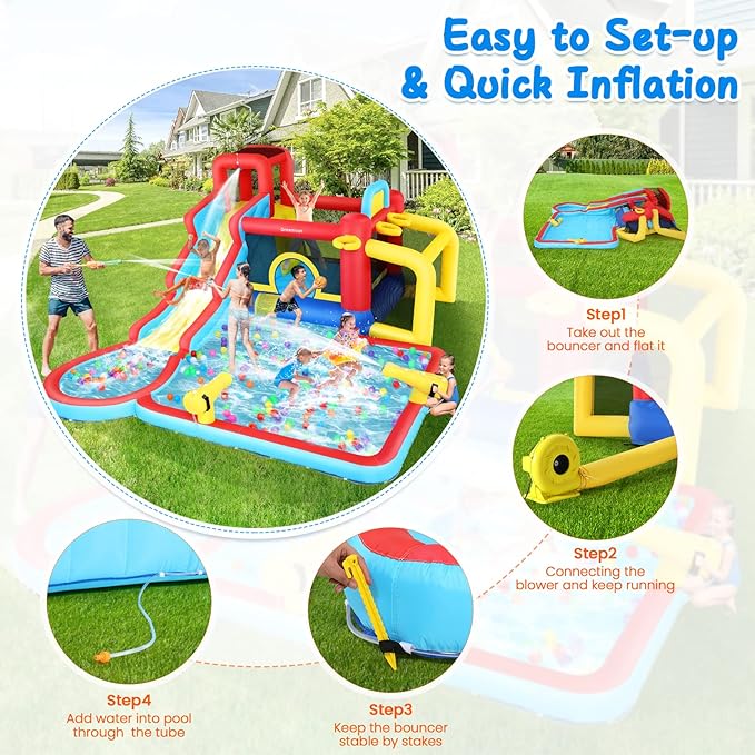Water Slide Bounce House with Blower, Kids Inflatable Water Slide Park Indoor Outdoor Fun Wet Dry Combo Bouncy House Castle w/Splash Pool, Climbing Wall, Cannon, Basketball Hoop, Football Gate