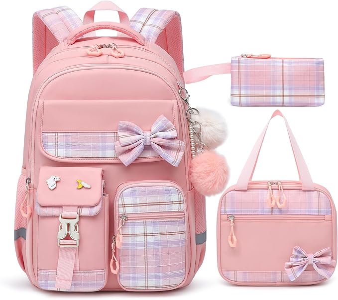 School Backpack for Girls Kids Bookbag for Elementary Middle School Casual Travel Daypack Teen Backpacks Pink Set