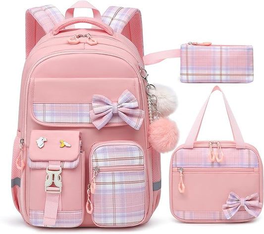 School Backpack for Girls Kids Bookbag for Elementary Middle School Casual Travel Daypack Teen Backpacks Pink Set