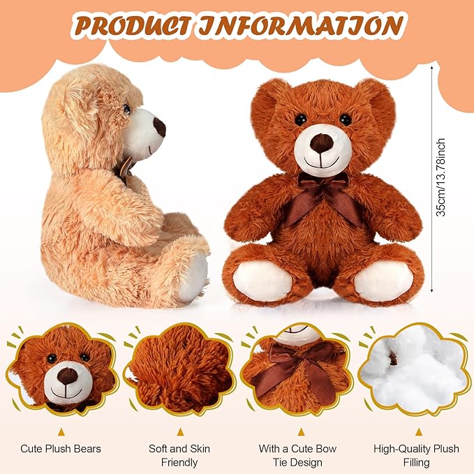 HyDren 9 Pcs 14 Inch Stuffed Animals Bears Bulk Soft Animal Plush Toys Bears Cute Dolls Gift for Valentine Wedding Mom Christmas Baby Shower Birthday Gift Home Decor(Dark Brown, Light Brown)