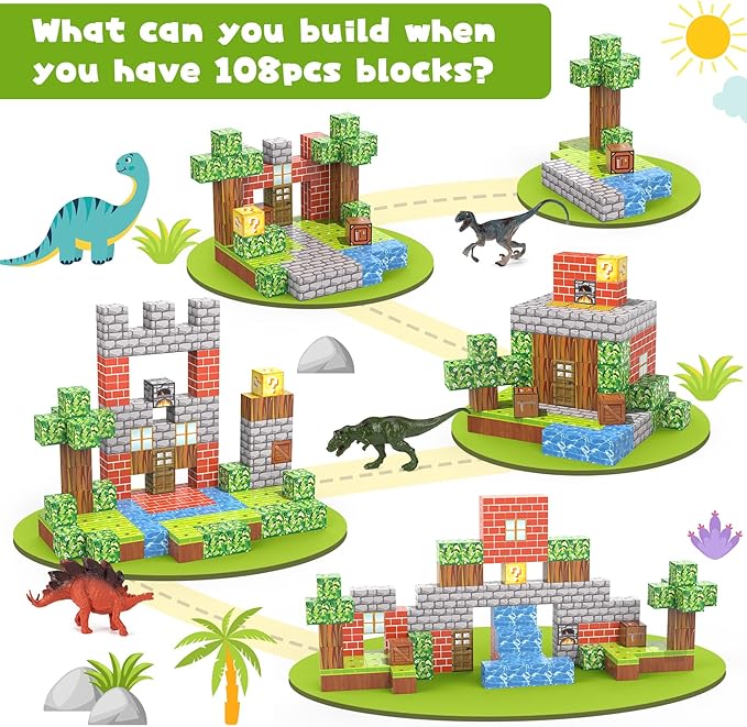 Magnetic Blocks 108PCS Magnetic Building Blocks with 6 Dinosaur Toys
