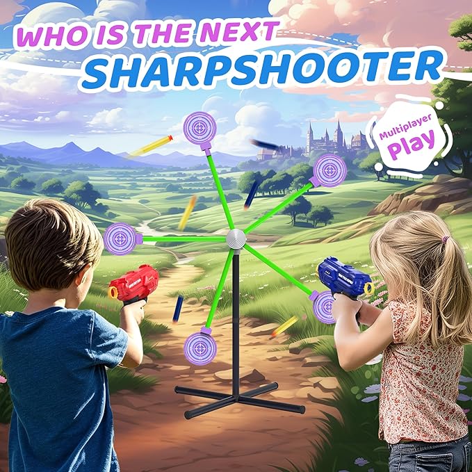 2-Player Shooting Game Toy, Foam Dart Toy Gun with Auto Reset Rotating Shooting Target, Ideal Gift for Kids Ages 6,7,8,9,10+ Pink