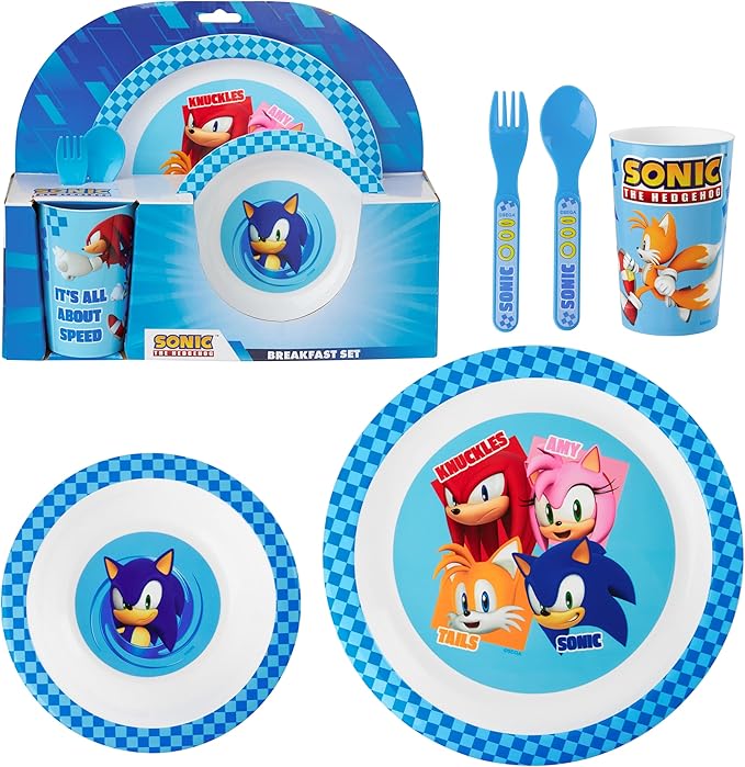 Get Trend Sonic the Hedgehog Dinnerware Sets for Kids, 5 Pc Tableware, Plate, Bowl, Cup, Spoon, Fork, Plates and Bowls Set, Gifts for Kids (Blue Sonic The Hedgehog)