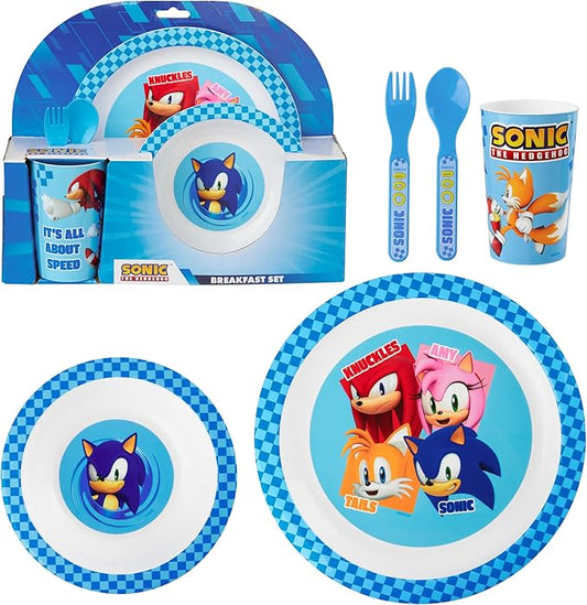 Get Trend Sonic the Hedgehog Dinnerware Sets for Kids, 5 Pc Tableware, Plate, Bowl, Cup, Spoon, Fork, Plates and Bowls Set, Gifts for Kids (Blue Sonic The Hedgehog)
