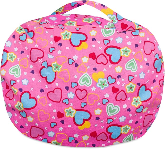 Posh Stuffable Kids Stuffed Animal Storage Bean Bag Chair Cover - Childrens Toy Organizer, Large-38 - Canvas Multi-Colored Hearts on Pink