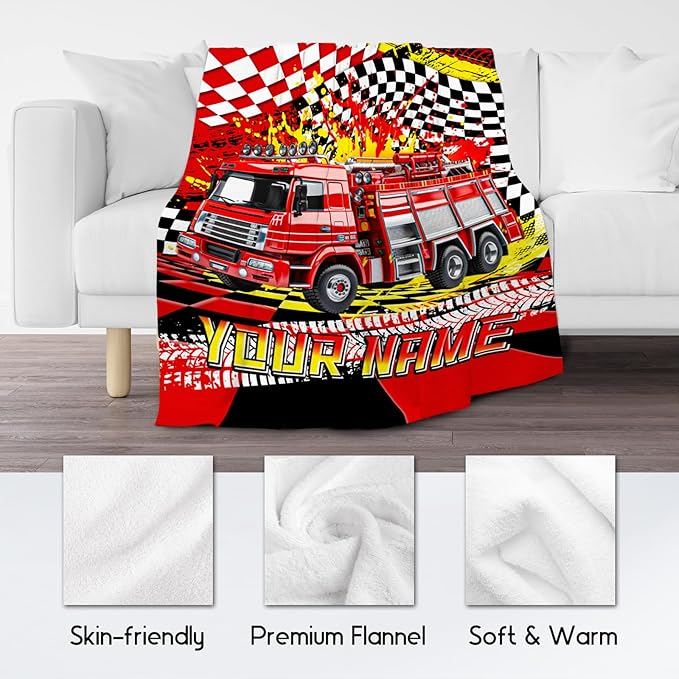 Boys Blanket, Fire Truck Blanket for Boys, Personalized Throw with Name, Custom Car Gifts for Kids, Warm Fleece Throw for Couch & Sofa, 30"x40"