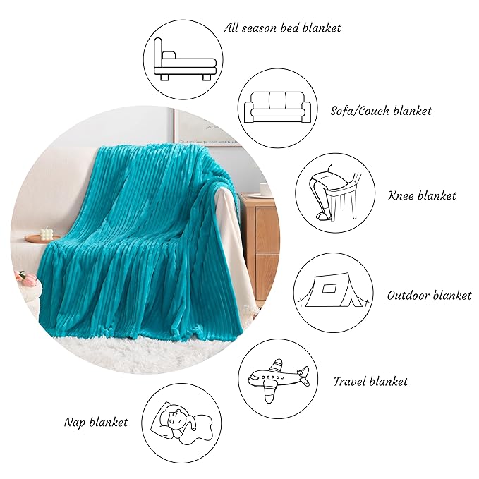 NTBAY Plush Flannel Twin Bed Blanket, 60x80 Inches Soft and Warm Lightweight Bed Blanket with Striped Texture for Couch, Sofa, All Seasons, Turquoise