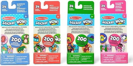 Melissa & Doug Sticker Wow!™ Mini Activity Pad and Refill Stickers 4-Pack (Dinosaur, Pets, Favorite Things, Surprise Pack 1) – 200 Stickers Each (800 Total) for Any Sticker Stamper (Not Included)
