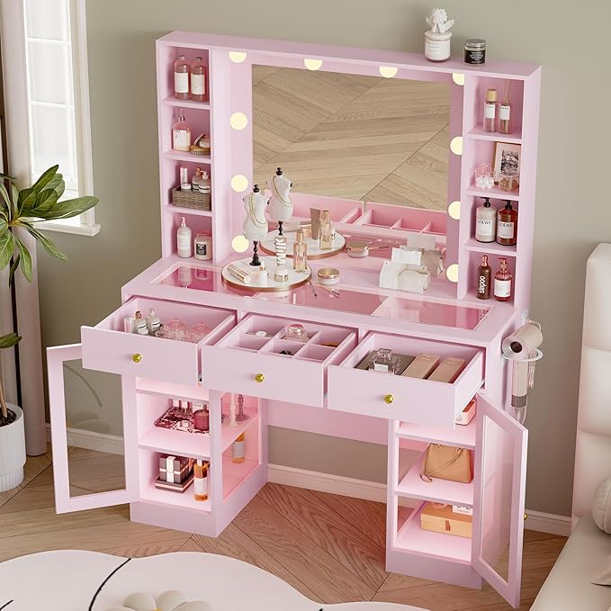 Makeup Vanity Desk with Mirror and Lights, Pink Vanity with Glass Top, LED Lights & Power Outlet, 3 Drawers & 2 RGB Glass Cabinets, Adjustable Lighted Dressing Table for Women & Girls Bedroom