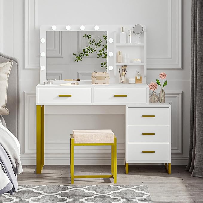 Makeup Vanity Desk with Mirror with Lights,Vanity with Lighted Mirror,3 Lighting Modes Adjustable,Vanity Desk with 5 Storage Drawers,Vanity Set with Bench