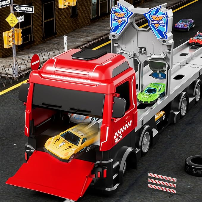 78-Inch Cars Trucks Toys for Toddler 1-3 2-4 3-5 4-7 Years Old Boys Kids, Transport Truck with 24Pcs Die-Cast Cars, Gifts for 3 4 5 6 Year Old Boys, Toddler Boy Toys Ages 3-5 4-7