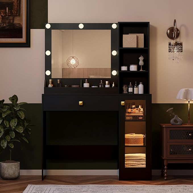 Makeup Vanity with Mirror and Lights & Power Outlet, 34'' Small Vanity Desk with Drawers and Storage Cabinet & Makeup Tray, Dressing Table for Girls Bedroom Dressing Room, Black